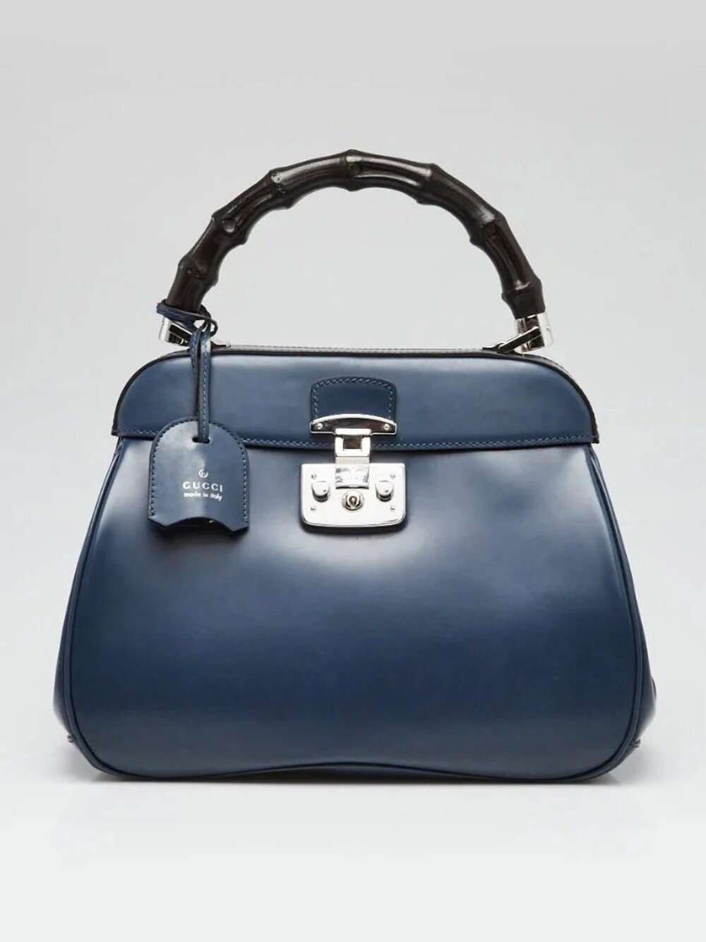 Gucci Blue Smooth Leather Lady Lock Bamboo Top Handle Bag